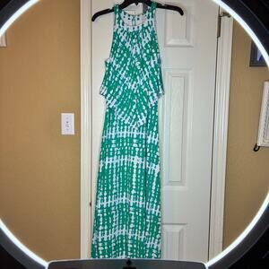 Chico’s Tie Dye Green White Halter Maxi Dress US 0 Sleeveless Keyhole Button